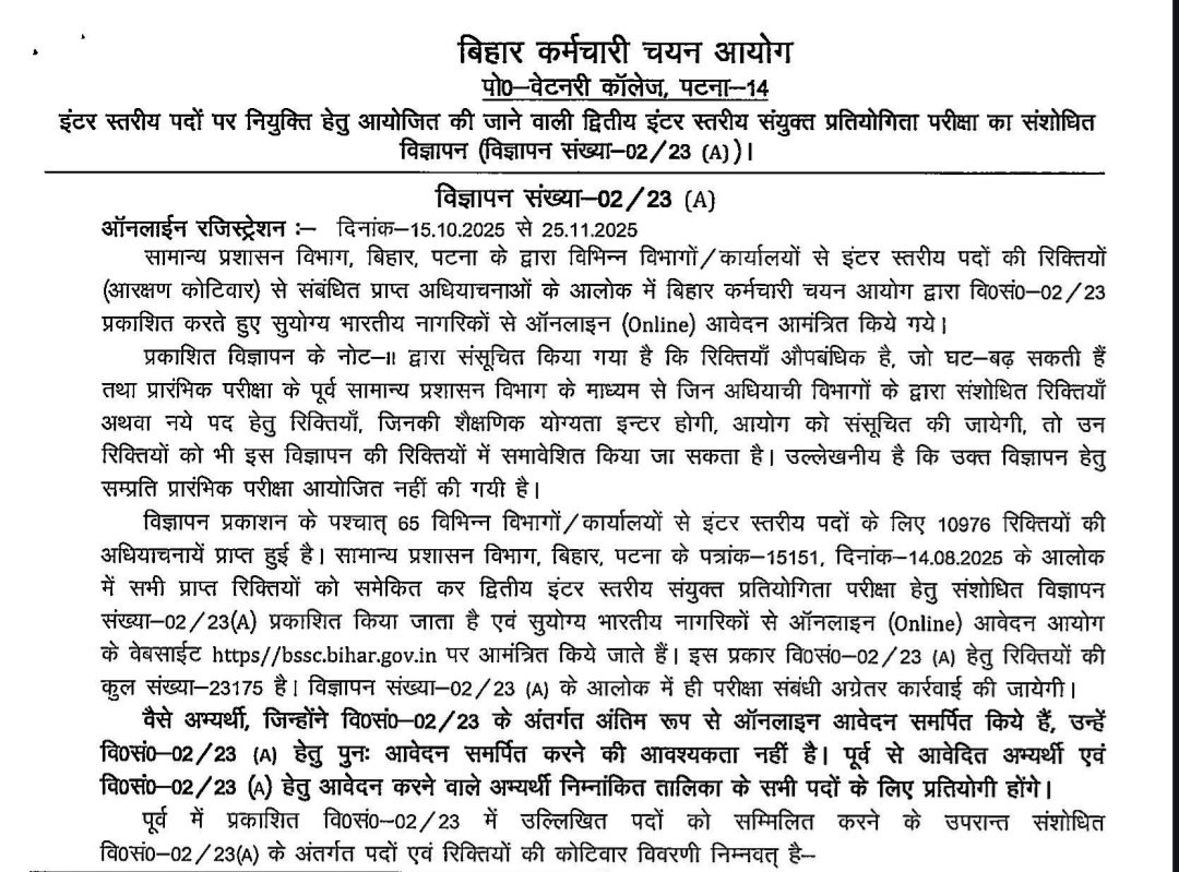 BSSC Inter Level Vacancy 2025 Official Notice